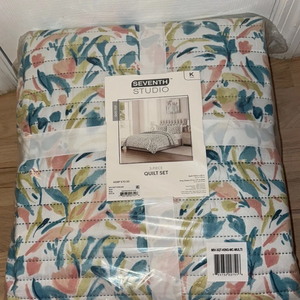 Blue and Pink Botanical Quilt Set Modern Bedding
